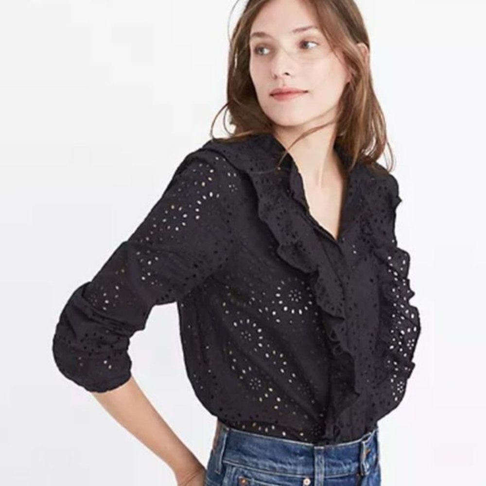 Madewell Black Eyelet Lace Ruffle Blouse Size Large